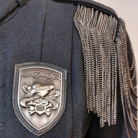 💥KILLER DESIGN💥Vintage Steampunk Chain Shoulder Military Wool Coat in Black - Picture 12 of 16